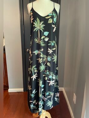Old Navy Black Slip Dress with Pink and Green Palm Print